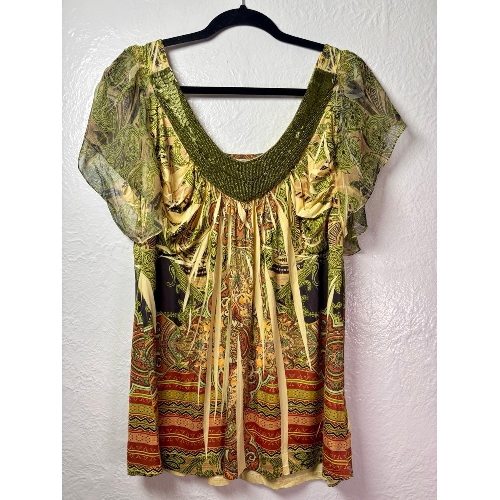 Beaded V Neck Tunic Top Womens 1X Paisley Flutter Sleeve Boho Funky Hippie Bead